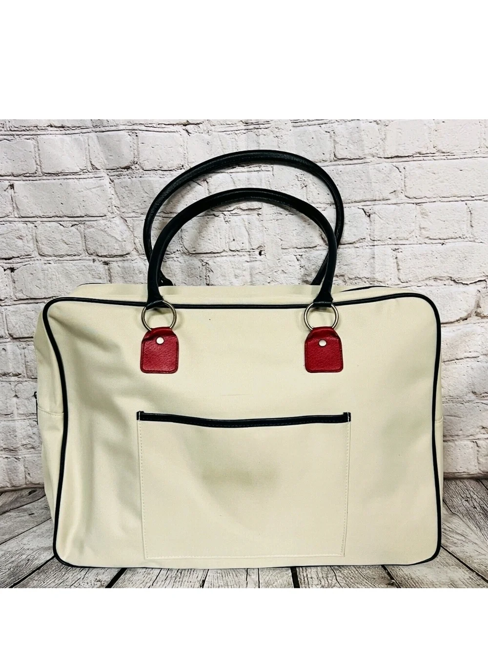 Estee Lauder Cream Duffel Weekender Vintage Bag Handles White, Red & Blue